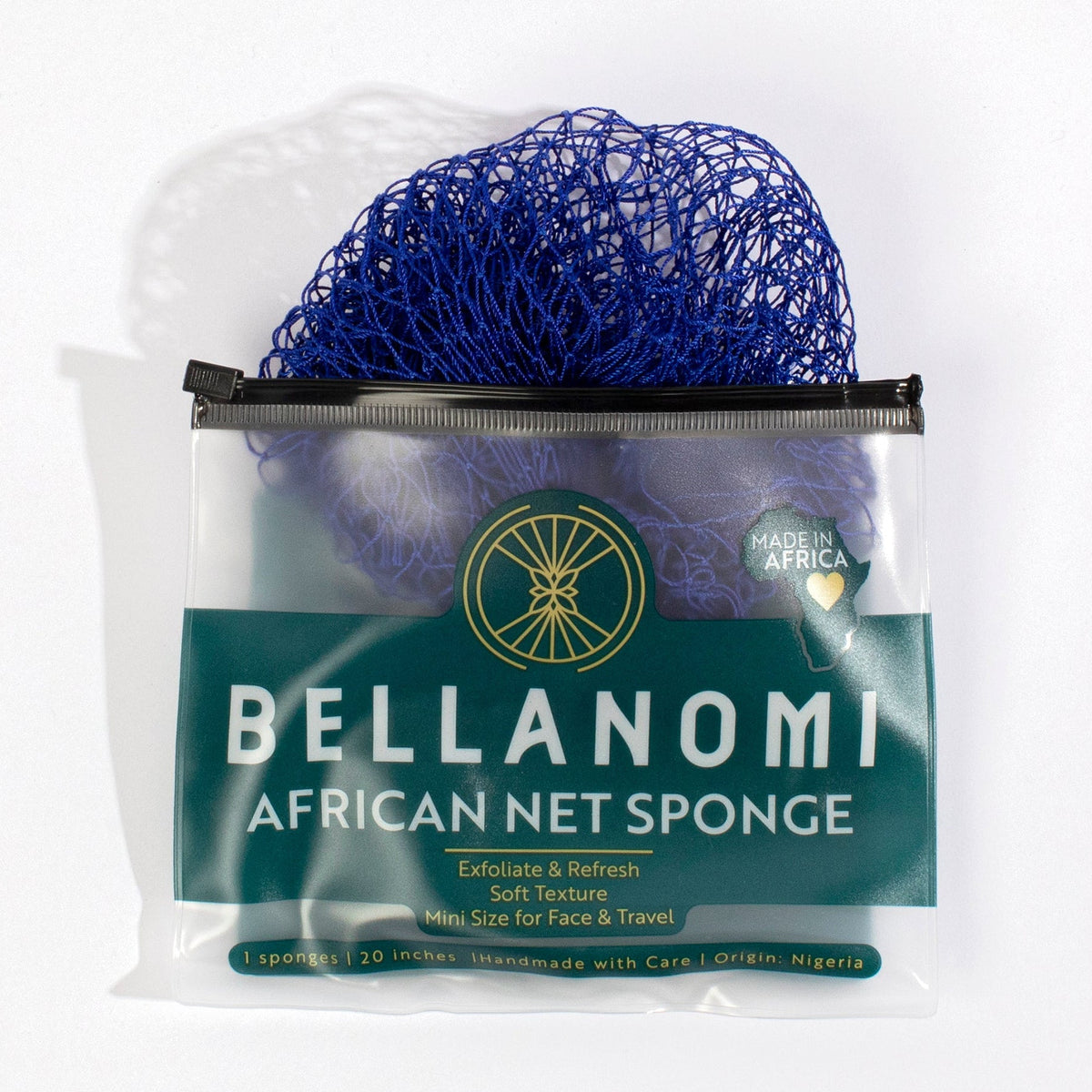 Blue African net sponge in a clear packaging with &