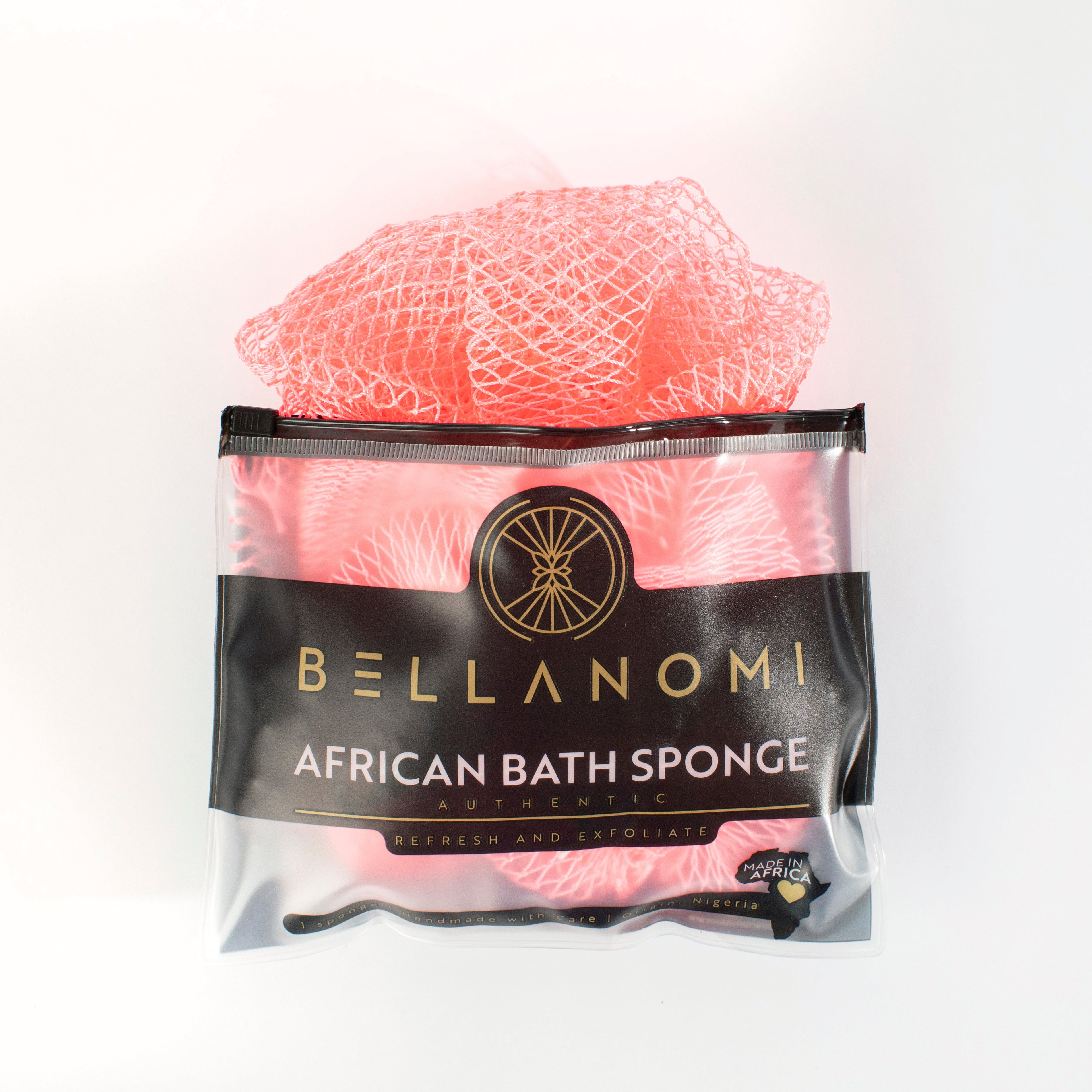 Pink AFRICAN NET sponge in packaging with &