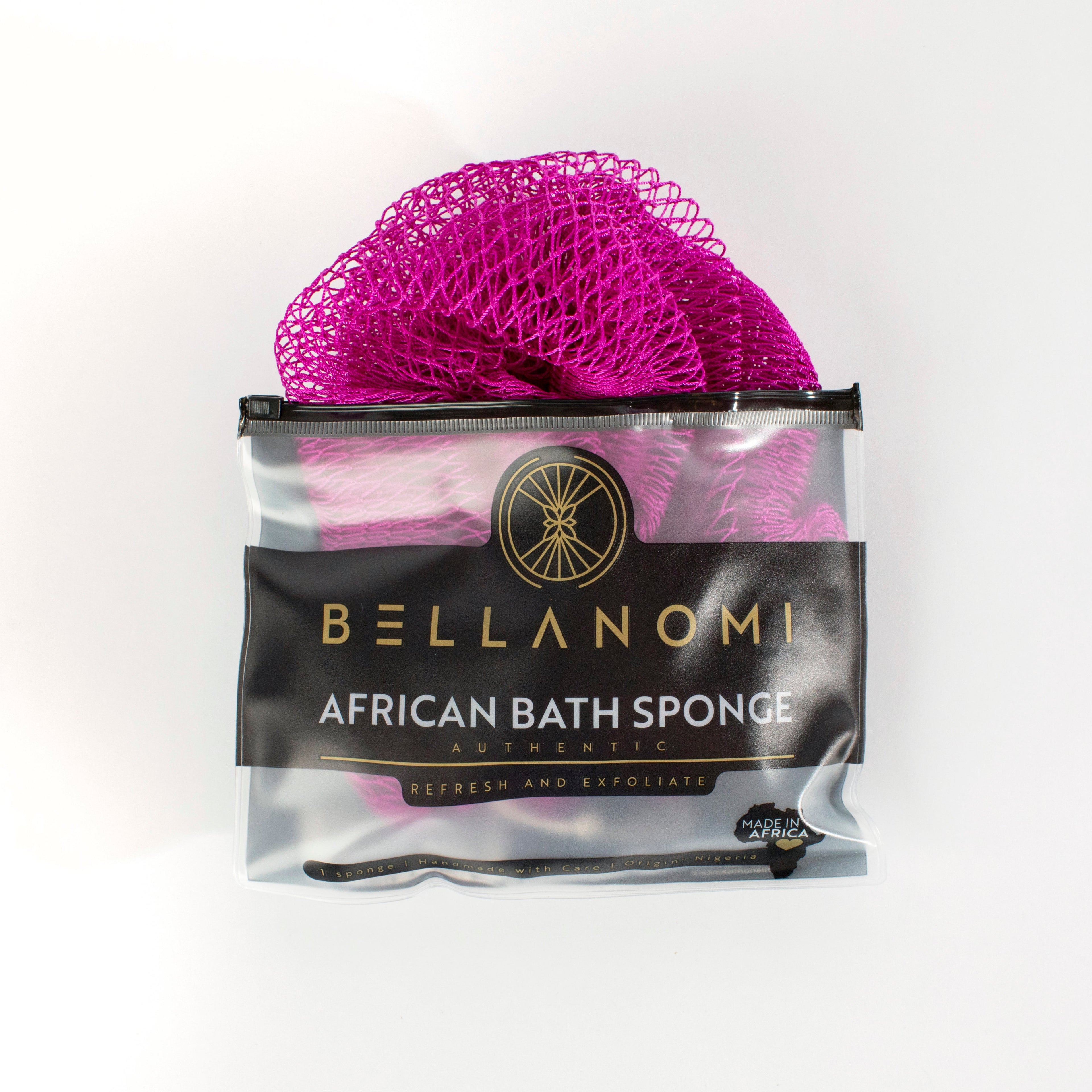 Purple bath sponge in packaging with &