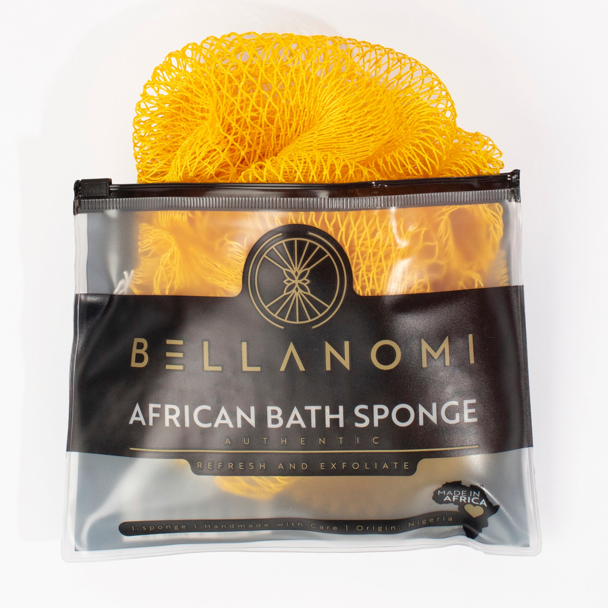 Yellow African net sponge in a clear and black Bellanomi packaging on a white background