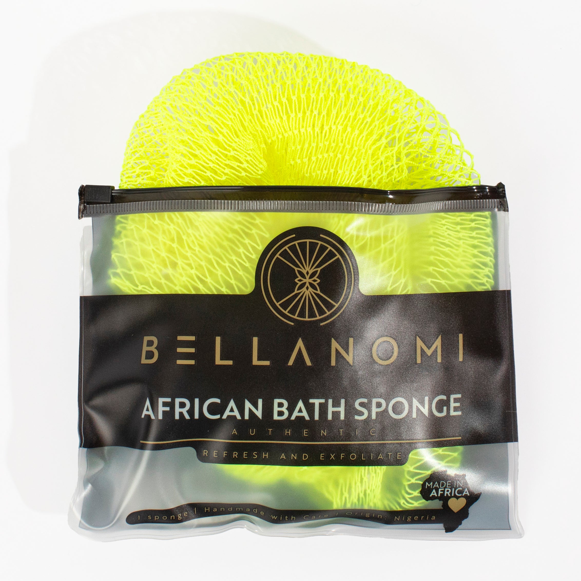 neon African bath sponge in a clear package with &