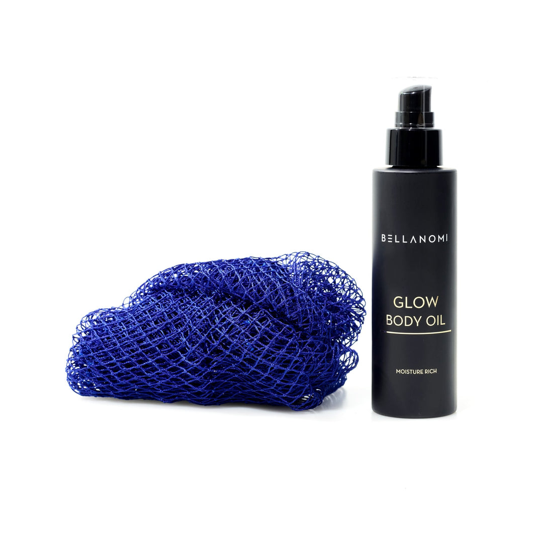 Bellanomi Glow Body Oil bottle with a blue net sponge on a white background