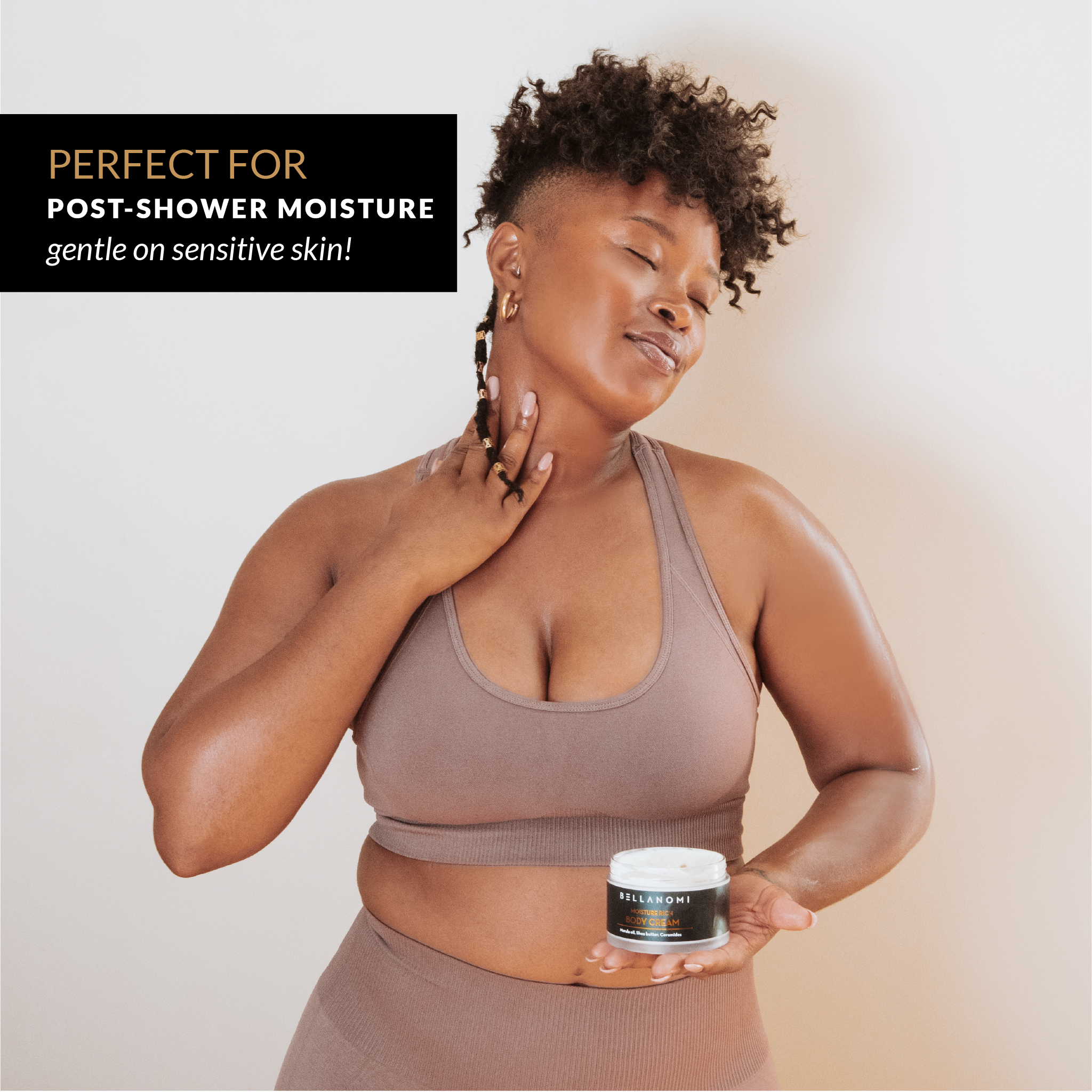 Woman applying Bellanomi body cream to her neck holding the Bellanomi body cream jar