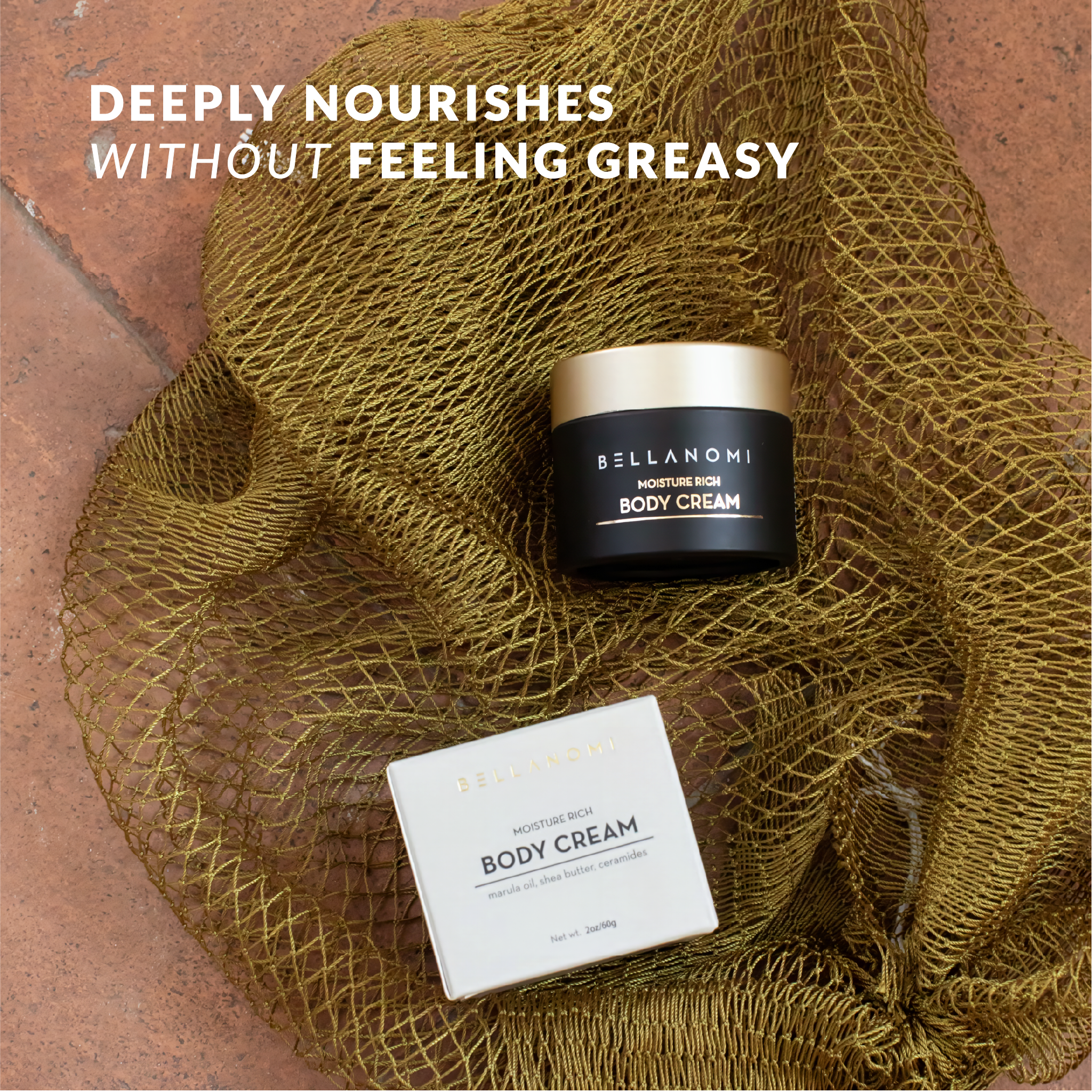 Bellanomi body cream jar and an African net sponge for deeply nourished skin