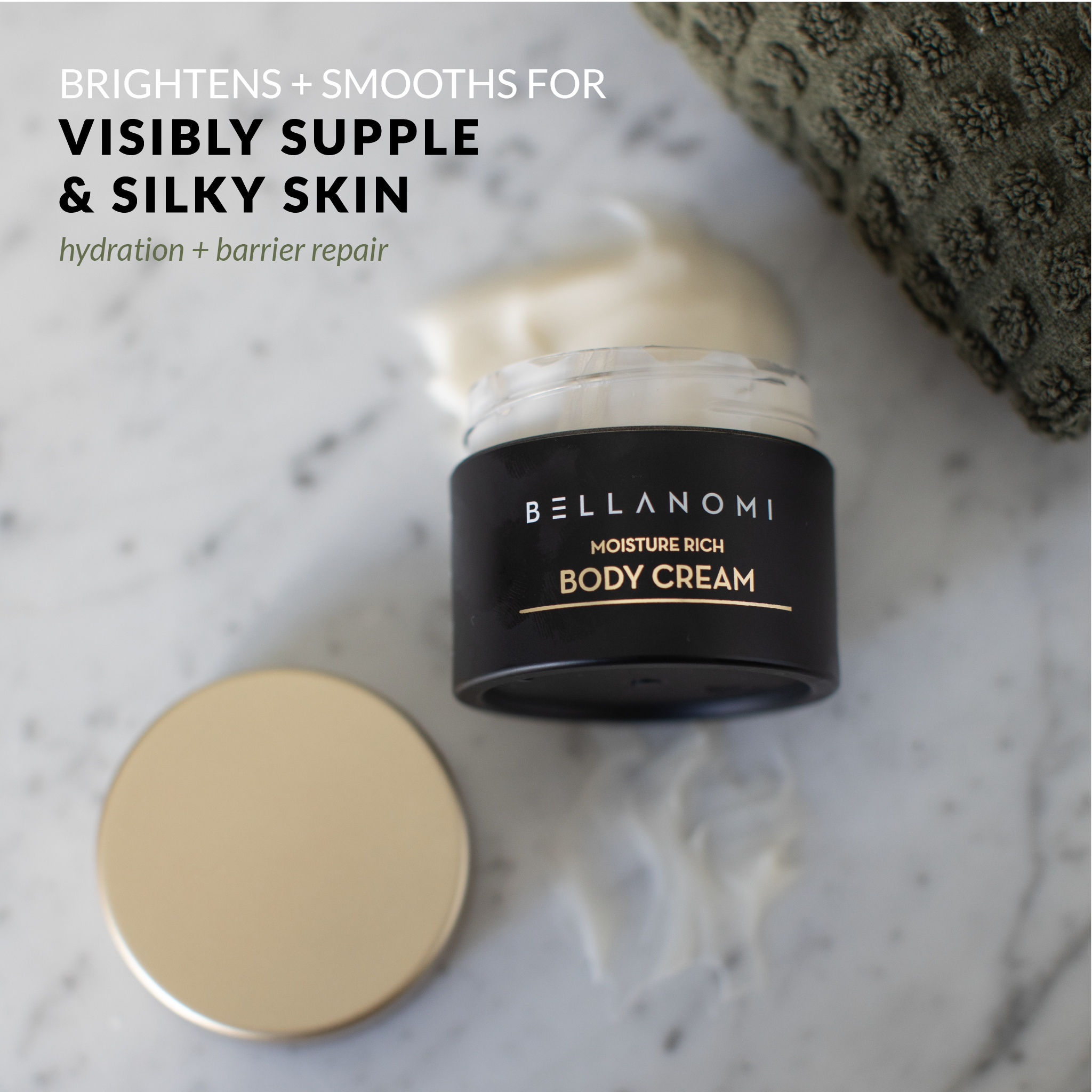 Bellanomi body cream jar on a marble surface with text about skin benefits