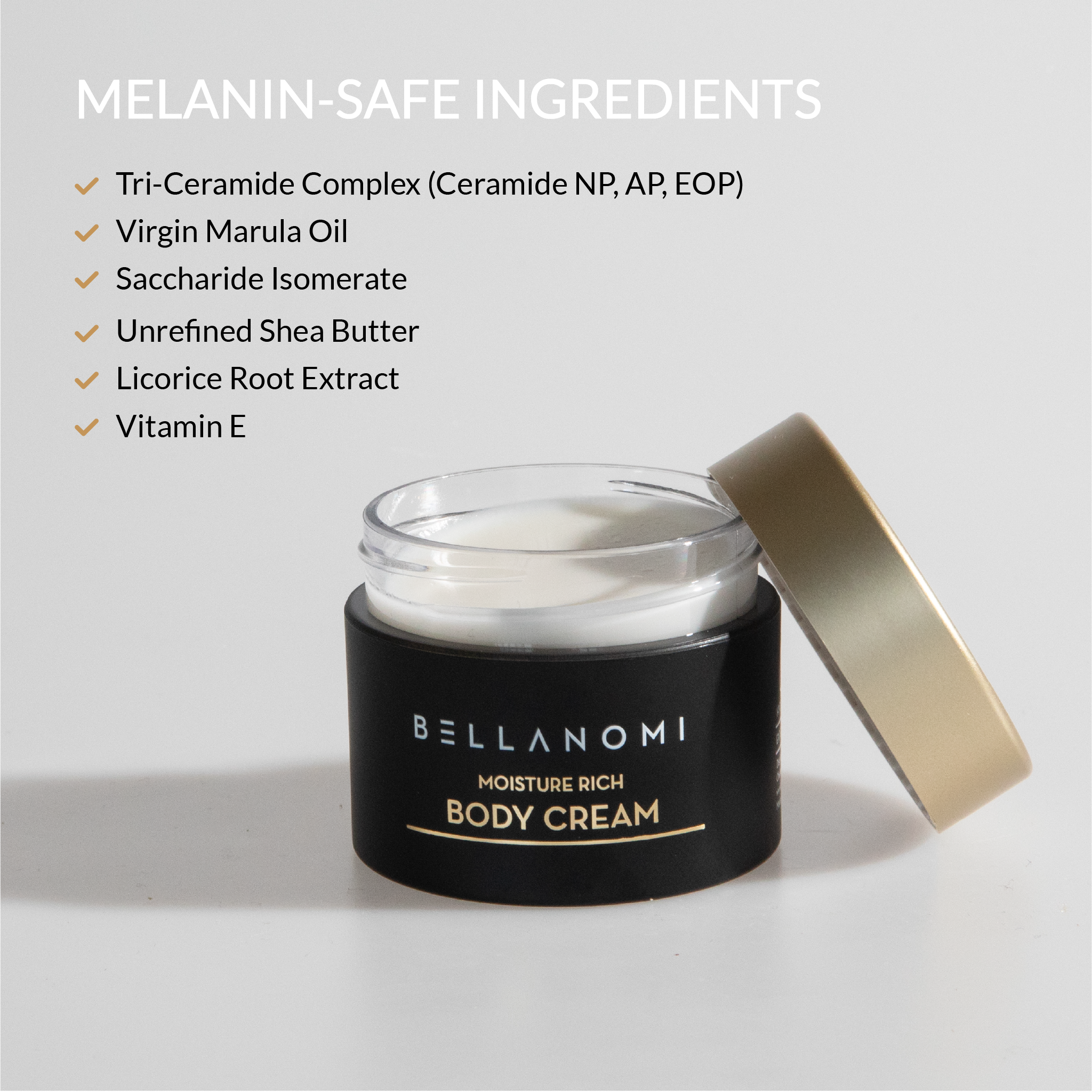Bellanomi body cream jar with list of melanin-safe ingredients