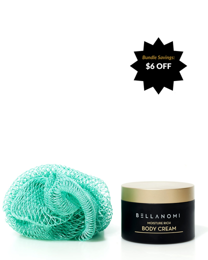 Bellanomi body cream jar with a green scrubber on a white background Bundle savings