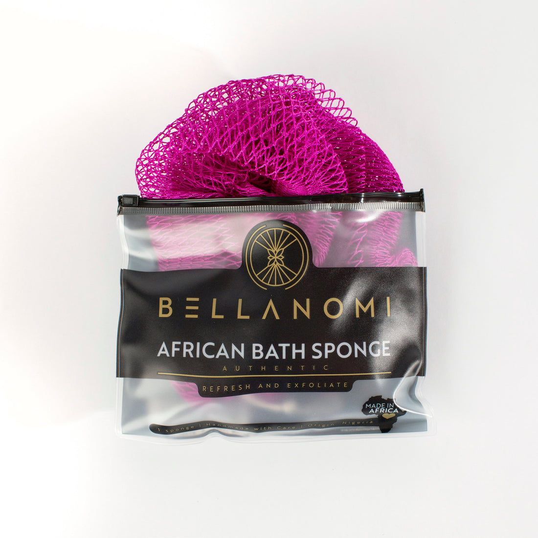 Purple bath sponge in packaging with &