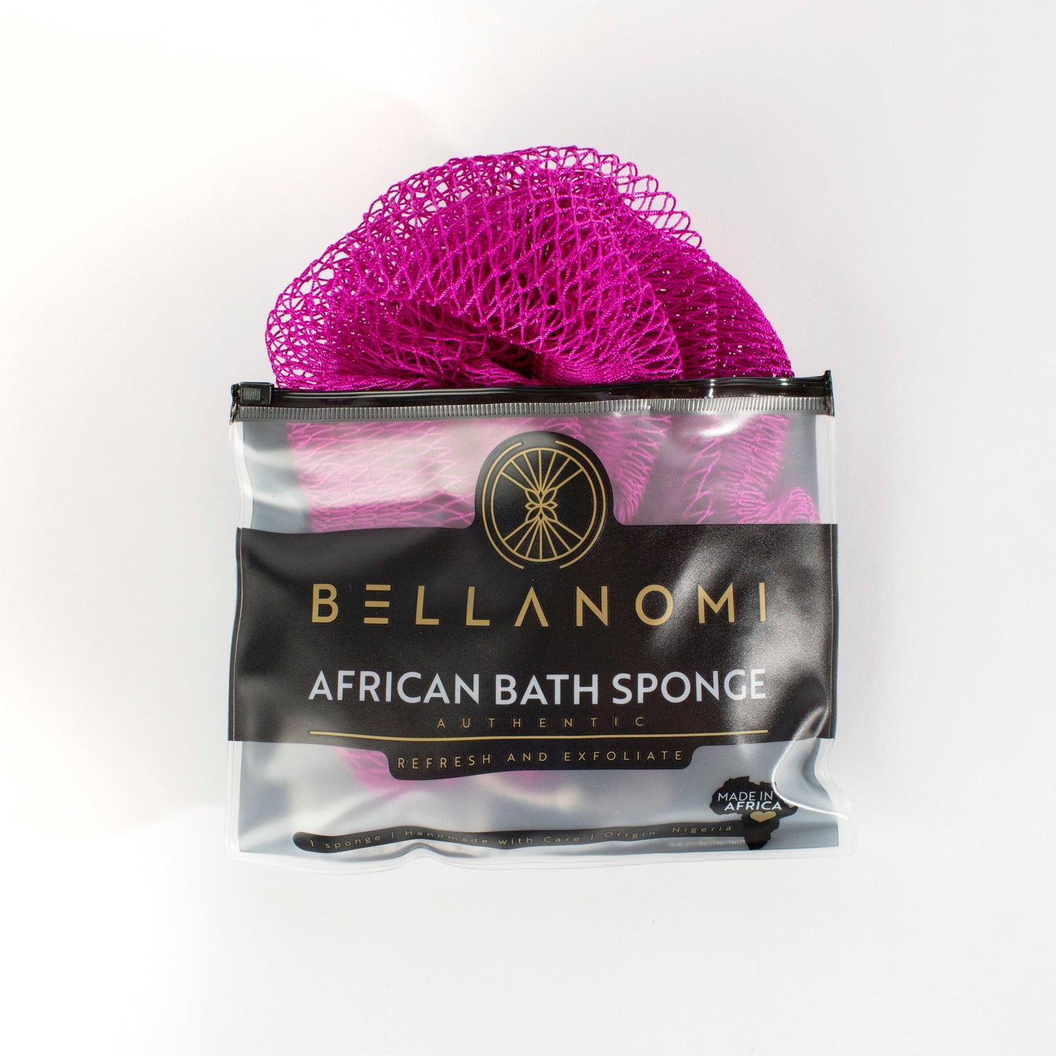 Purple bath sponge in packaging with &