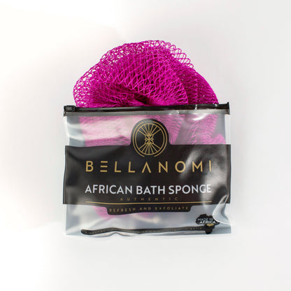 Purple bath sponge in packaging with &