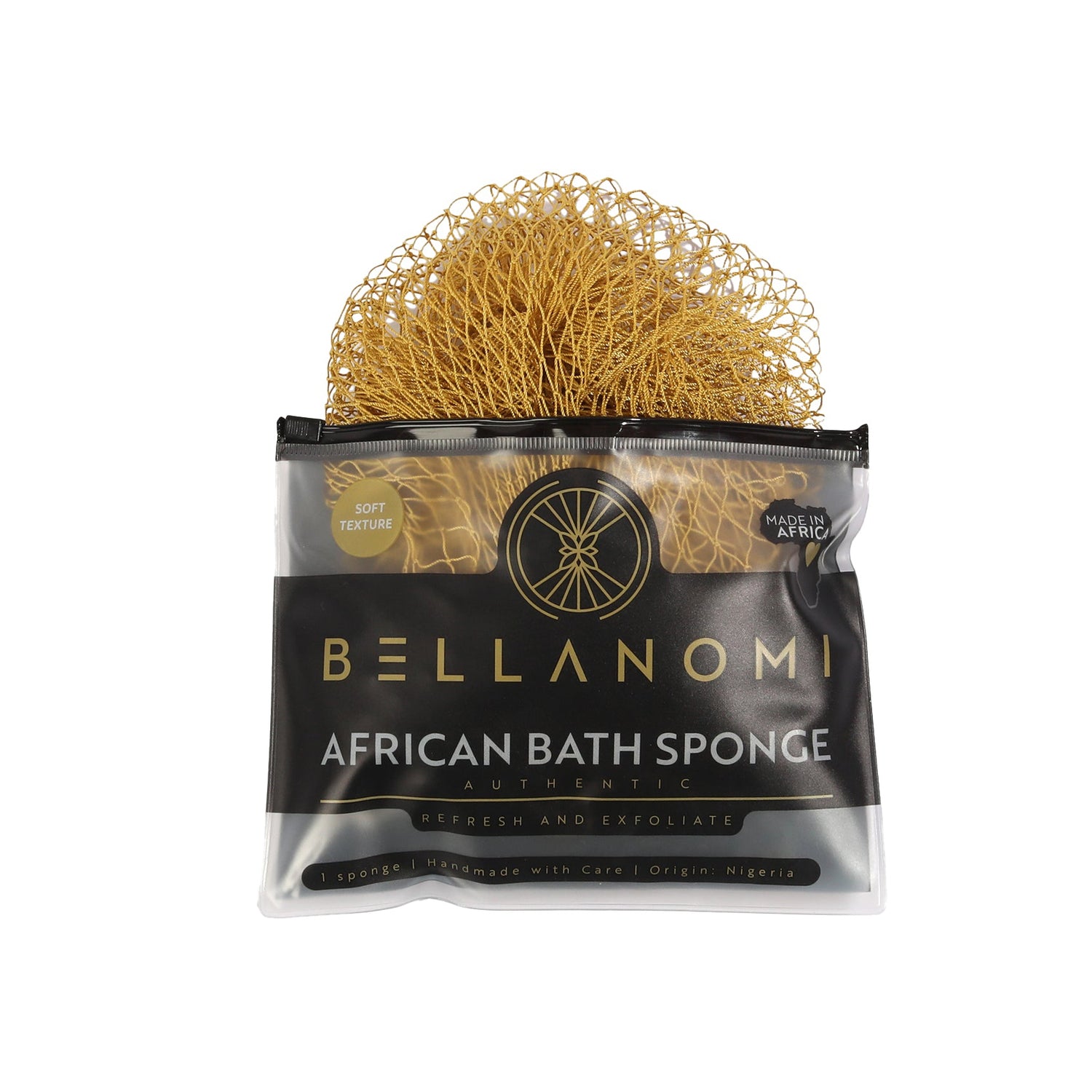 Bellanomi African bath sponge in packaging on a white background