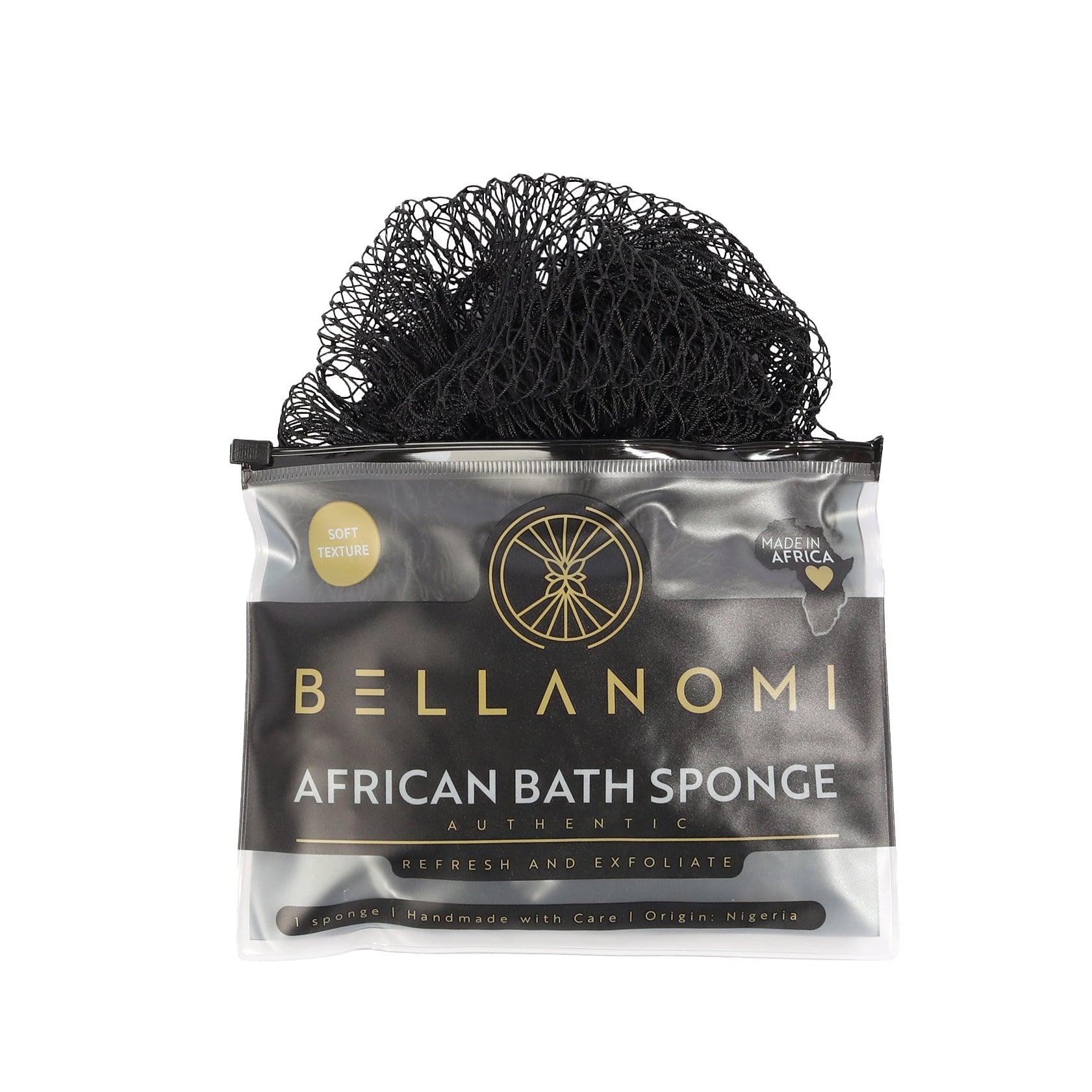 Black bath sponge in packaging with &