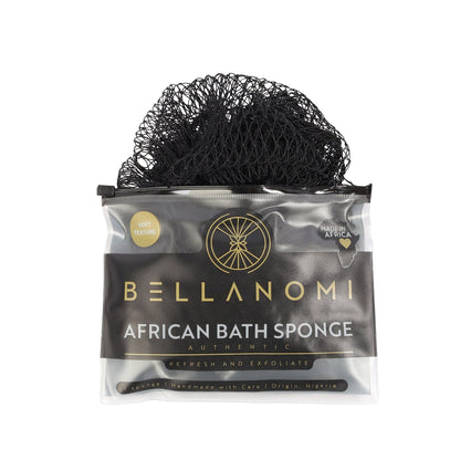 Black bath sponge in packaging with &