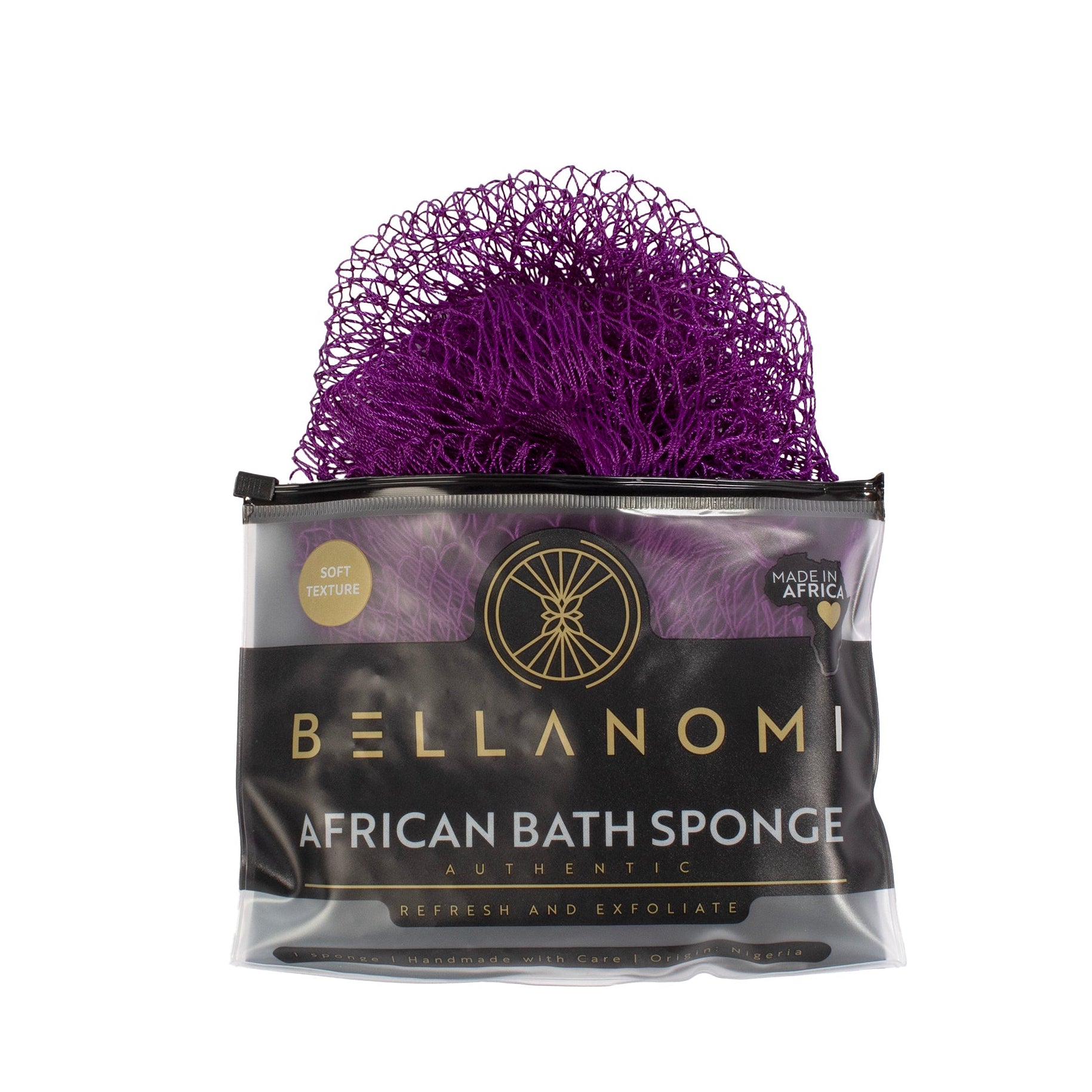 Purple bath sponge in packaging with &