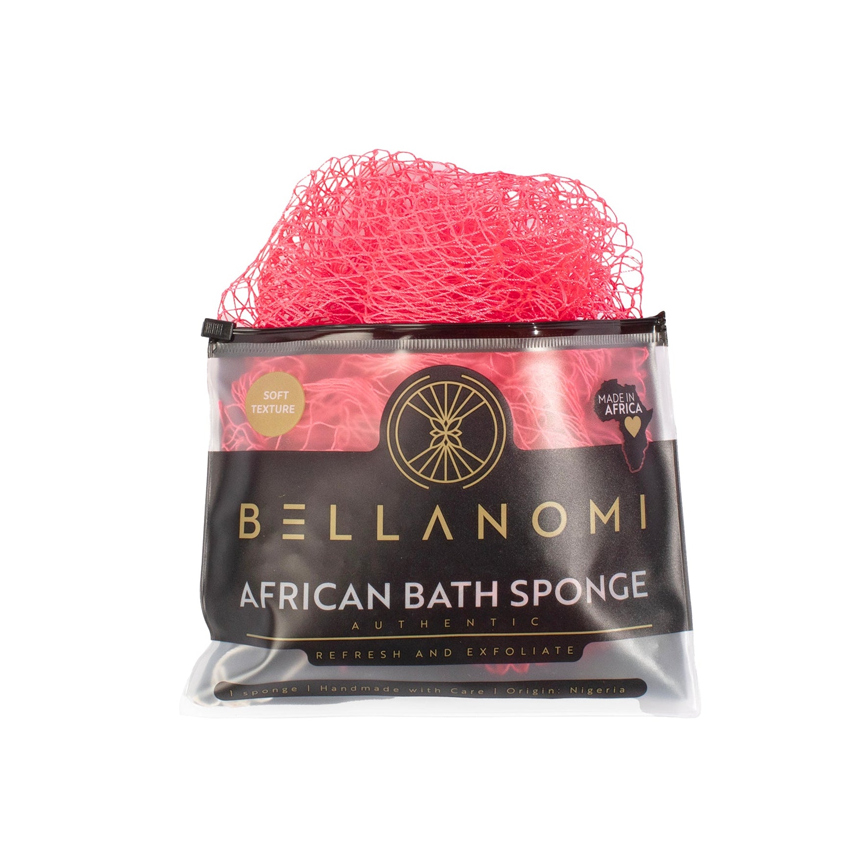 Pink bath sponge in a clear plastic packaging with &