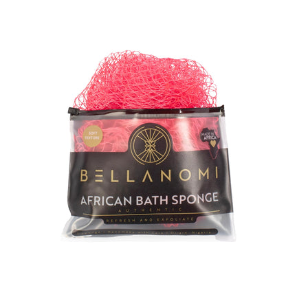 Pink bath sponge in a clear plastic packaging with &