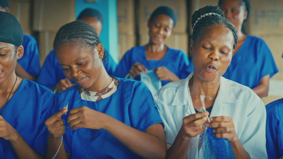 video of local artisans and women  making Bellanomi African exfoliating net sponge in Nigeria. ethically sourced and authentic 